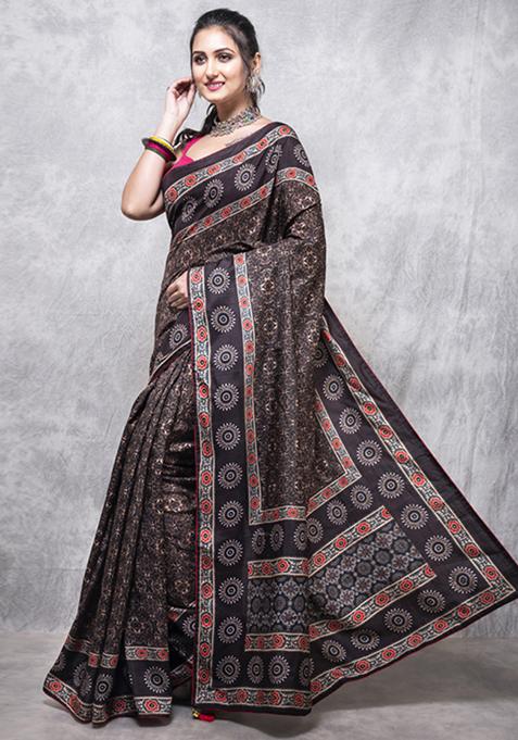 Multicolour Digital Print Opara Silk Blend Saree Set