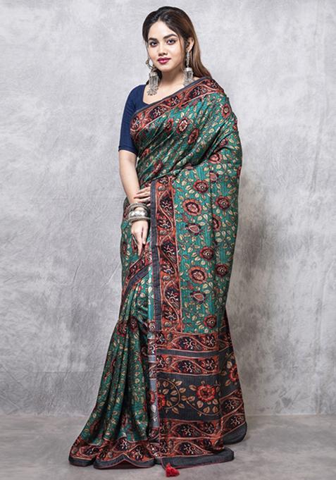 Multicolour Digital Print Opara Silk Blend Saree Set