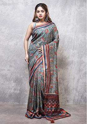 Multicolour Printed Russian Silk Blend Saree Set