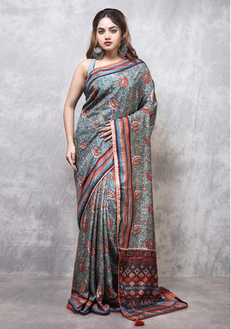 Multicolour Printed Russian Silk Blend Saree Set