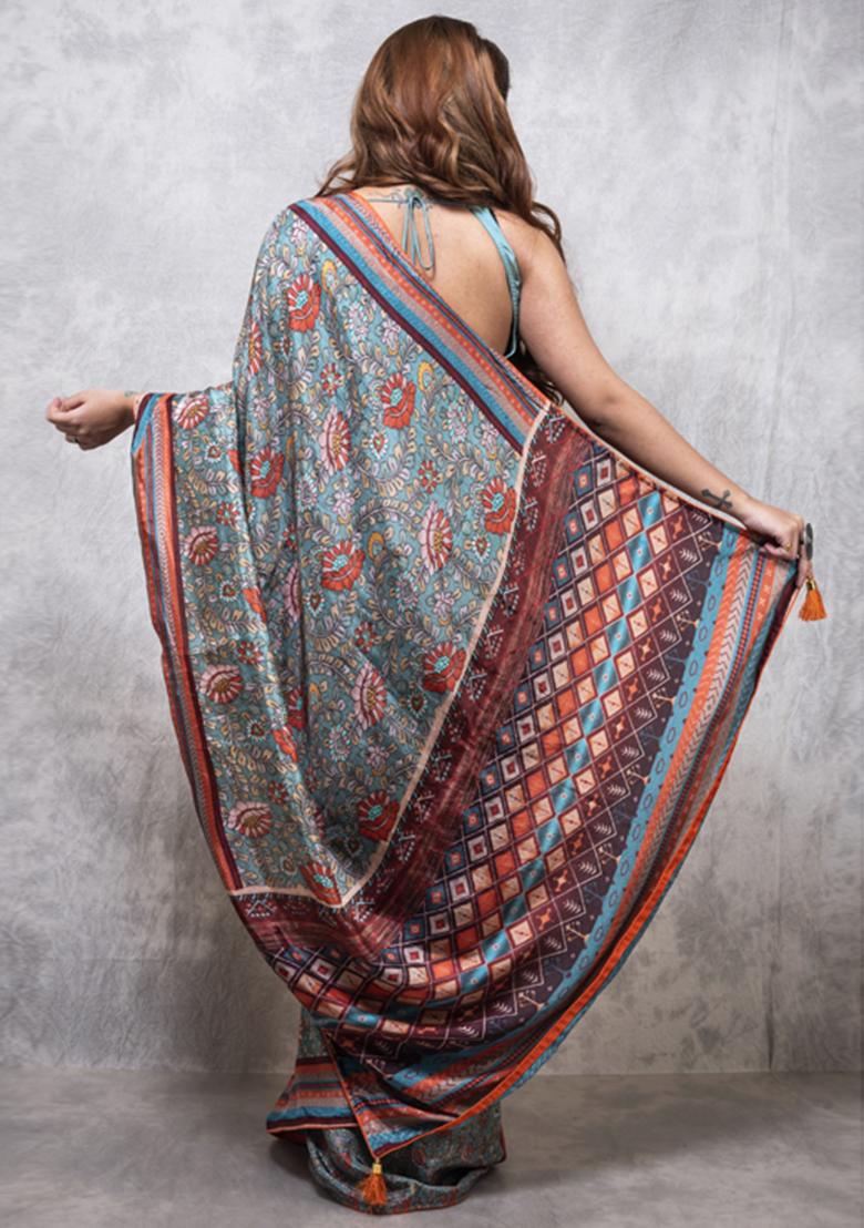 Multicolour Printed Russian Silk Blend Saree Set