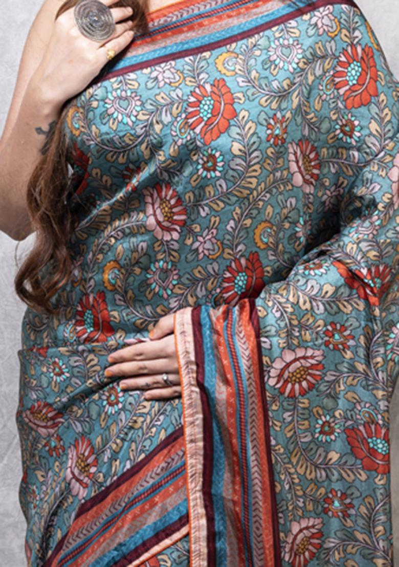 Multicolour Printed Russian Silk Blend Saree Set - Indya