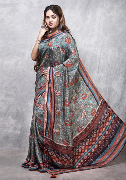 Multicolour Printed Russian Silk Blend Saree Set