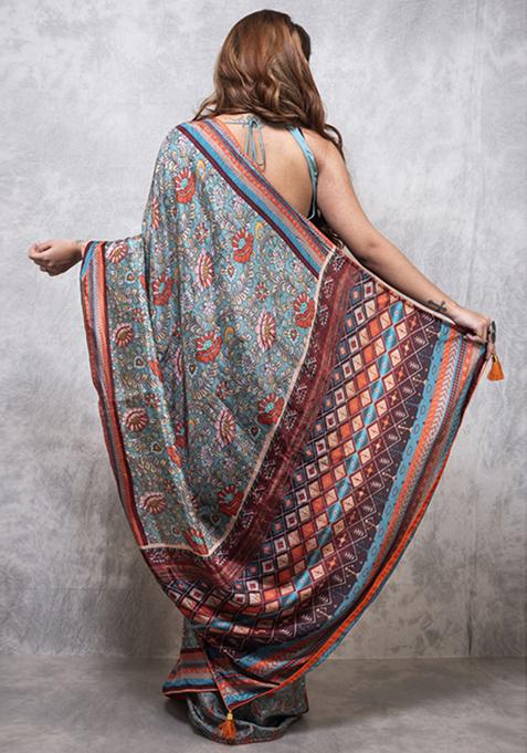 Multicolour Printed Russian Silk Blend Saree Set