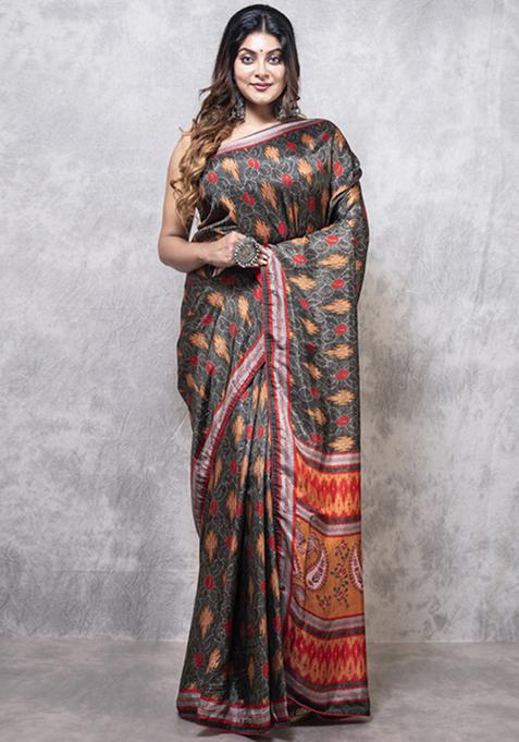 Multicolour Digital Print Russian Silk Blend Saree Set