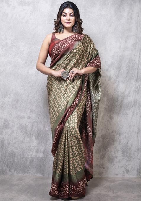 Multicolour Digital Print Russian Silk Saree Set