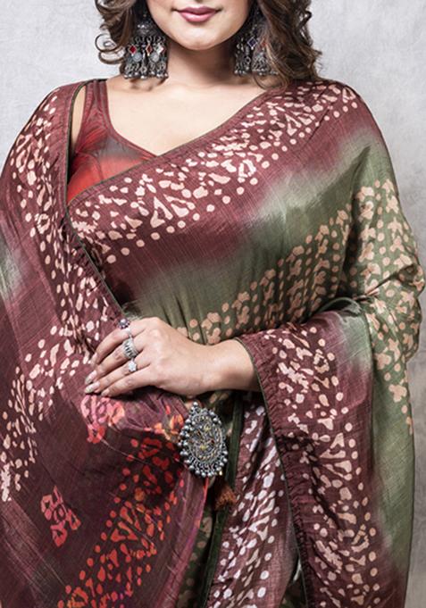 Multicolour Digital Print Russian Silk Saree Set
