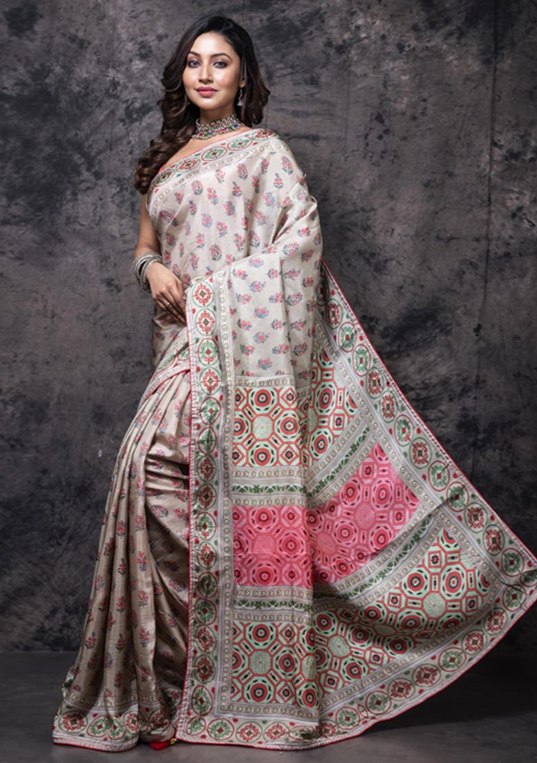 Multicolour Printed Russian Silk Saree Set