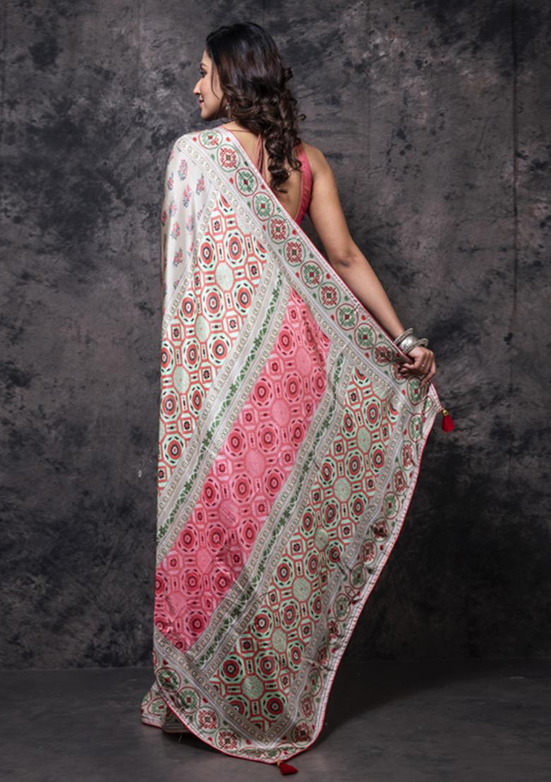 Multicolour Printed Russian Silk Saree Set