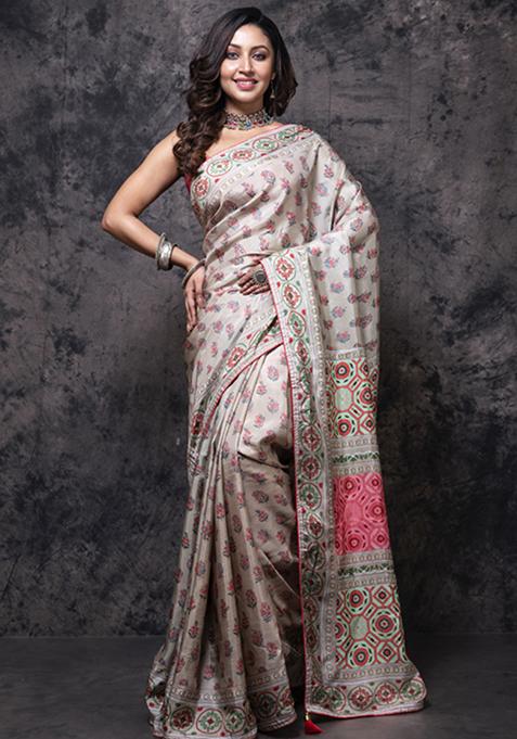 Multicolour Printed Russian Silk Saree Set