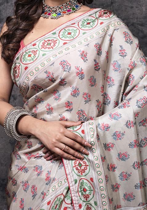 Multicolour Printed Russian Silk Saree Set