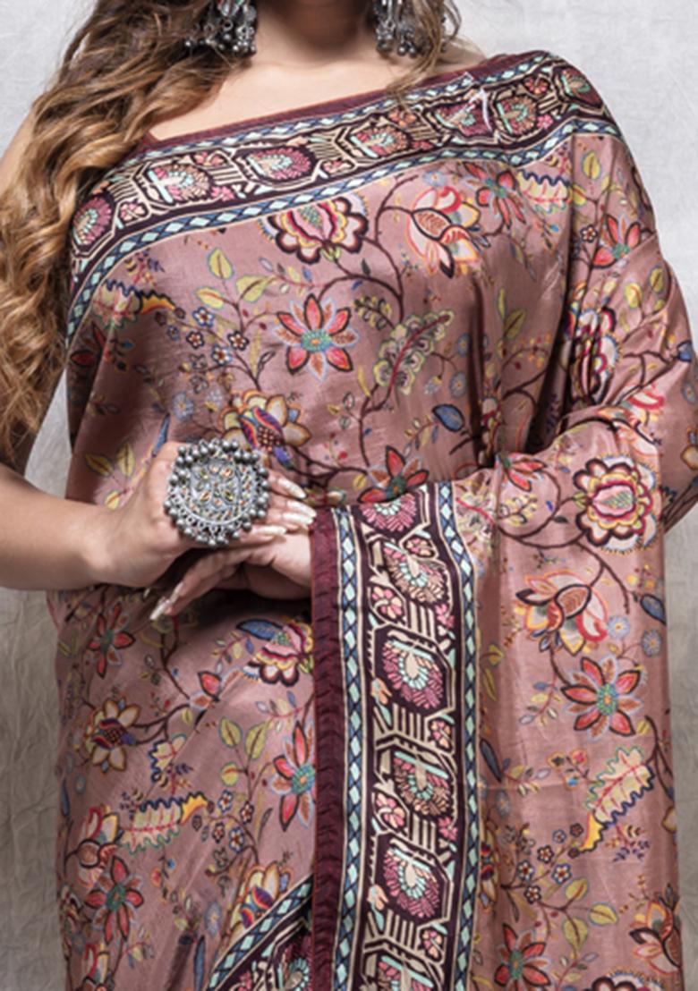 Multicolour Digital Print Russian Silk Blend Saree Set