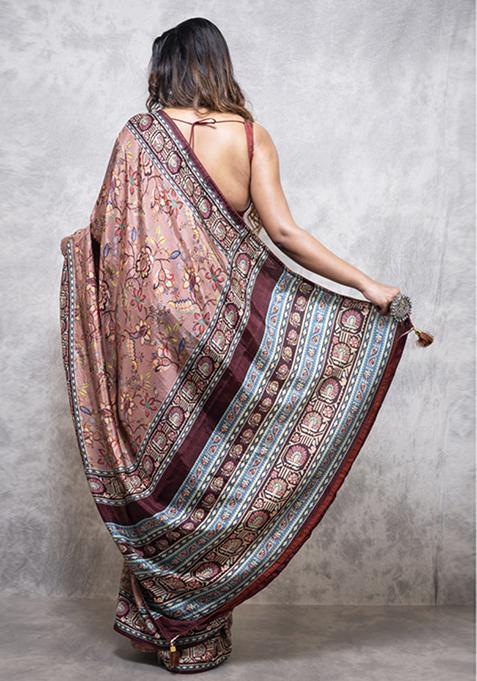 Multicolour Digital Print Russian Silk Blend Saree Set