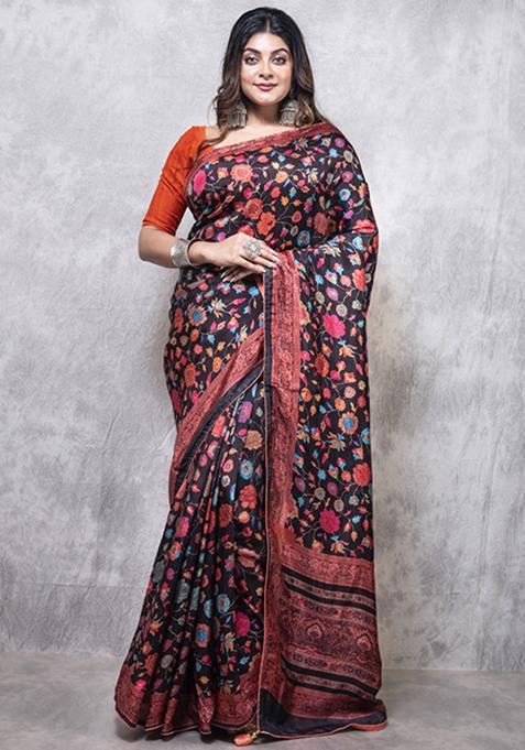 Multicolour Digital Print Pure Russian Silk Saree Set