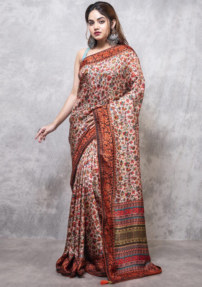 Multicolour Printed Pure Russian Silk Blend Saree Set