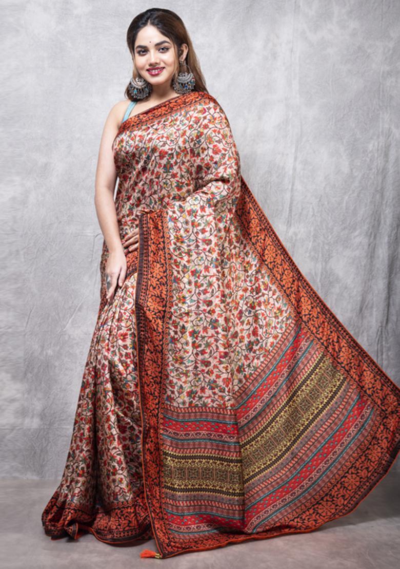 Multicolour Printed Pure Russian Silk Blend Saree Set