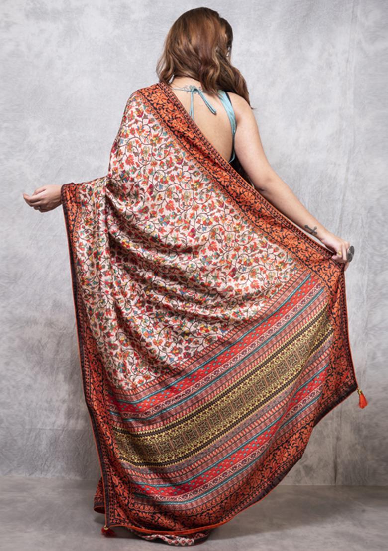 Multicolour Printed Pure Russian Silk Blend Saree Set