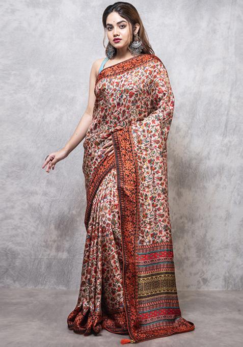 Multicolour Printed Pure Russian Silk Blend Saree Set