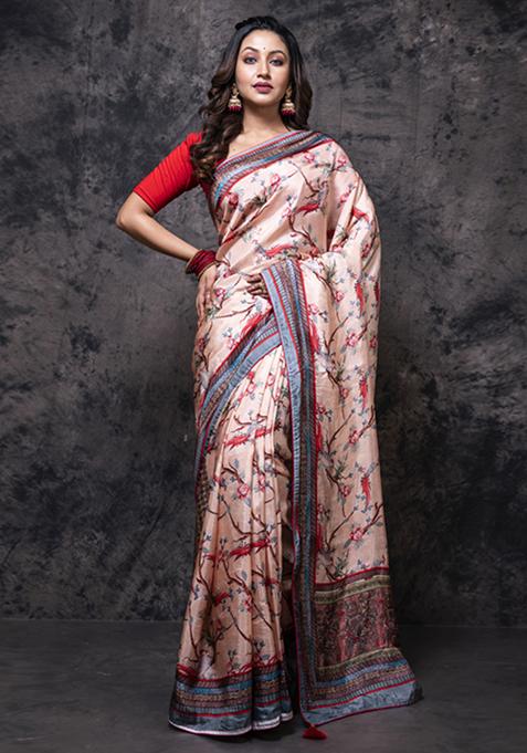 Multicolour Digital Print Russian Silk Blend Saree Set