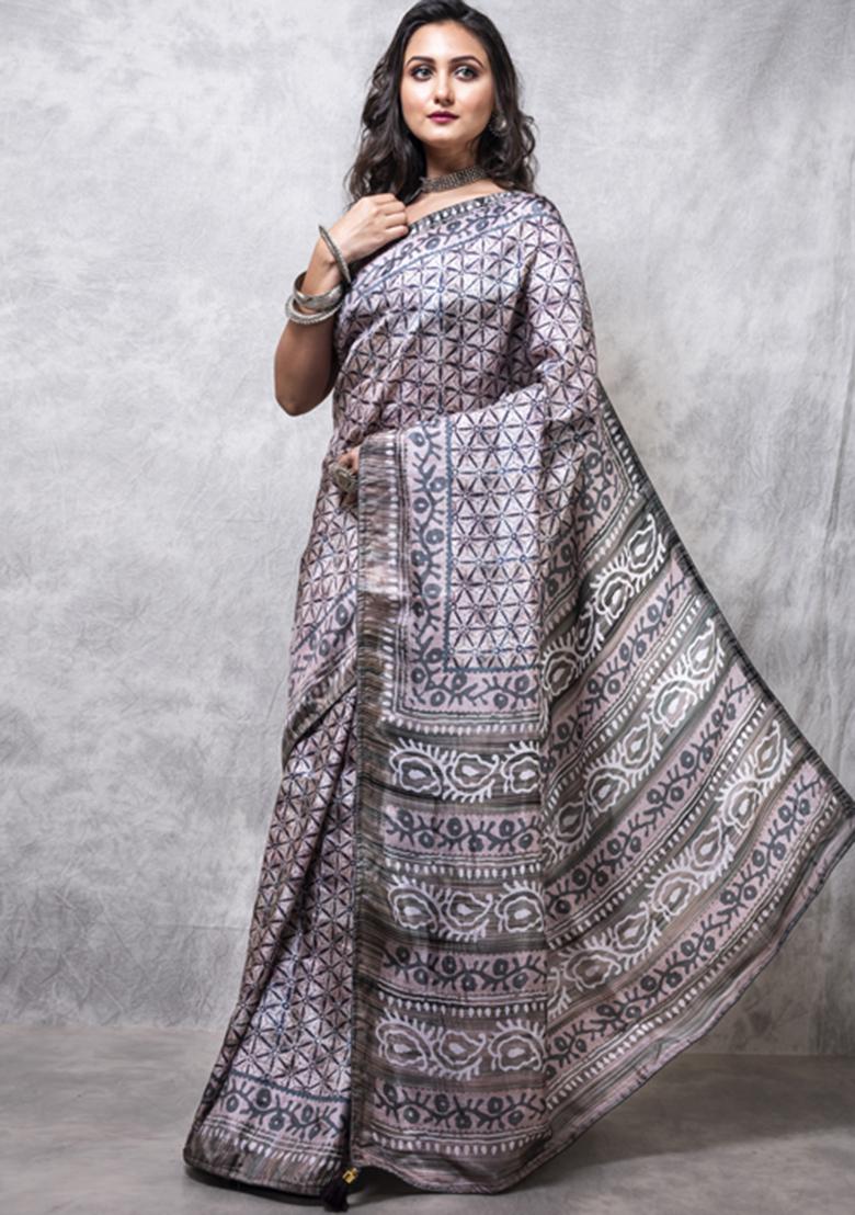 Multicolour Digital Print Russian Silk Blend Saree Set