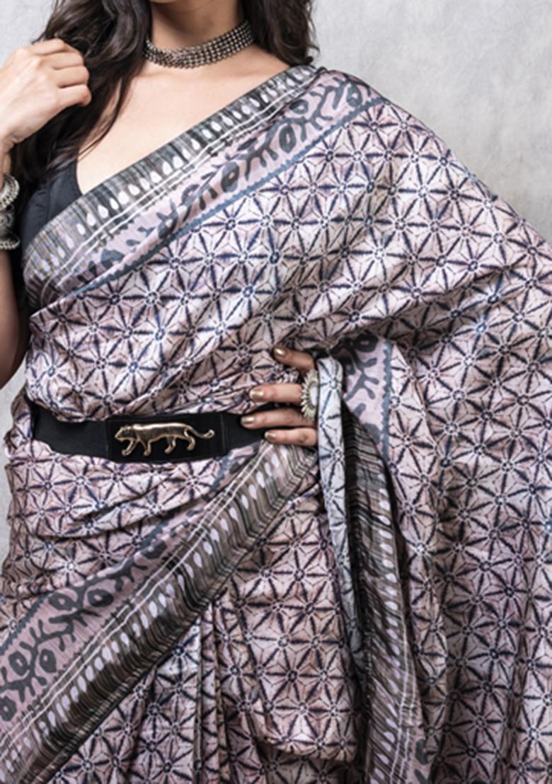 Multicolour Digital Print Russian Silk Blend Saree Set