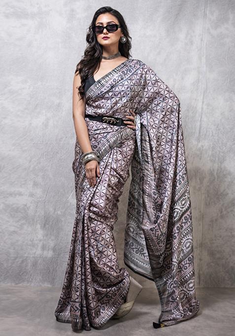 Multicolour Digital Print Russian Silk Blend Saree Set