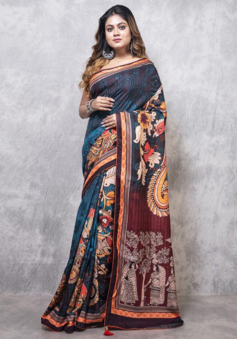 Multicolour Digital Print Dola Silk Blend Saree Set