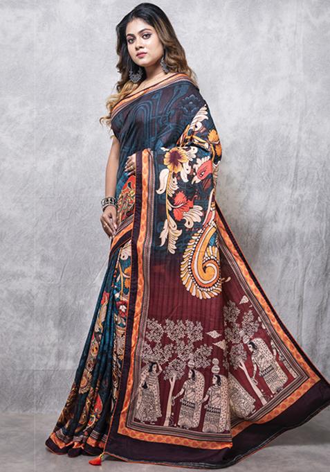 Multicolour Digital Print Dola Silk Blend Saree Set