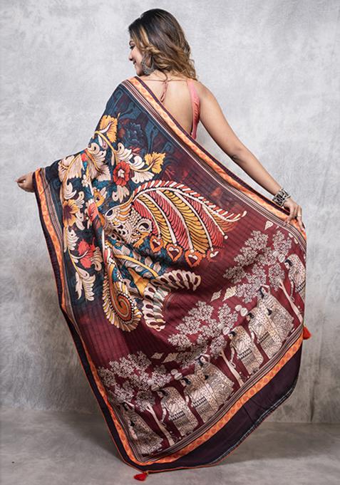 Multicolour Digital Print Dola Silk Blend Saree Set