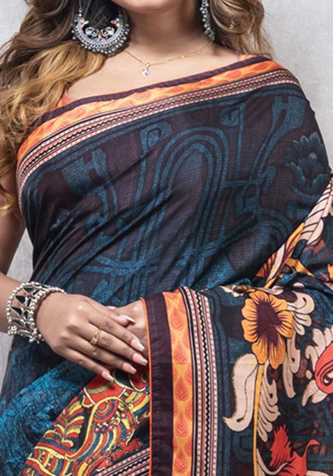 Multicolour Digital Print Dola Silk Blend Saree Set