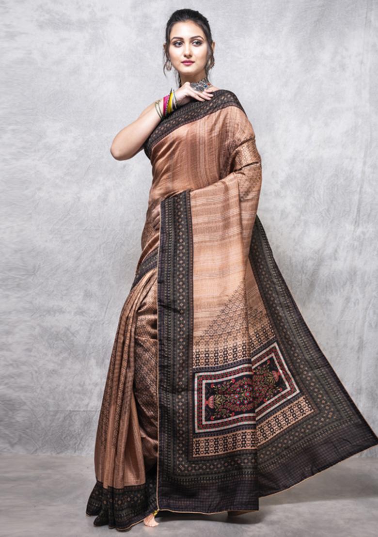 Multicolour Printed Dola Silk Blend Saree Set