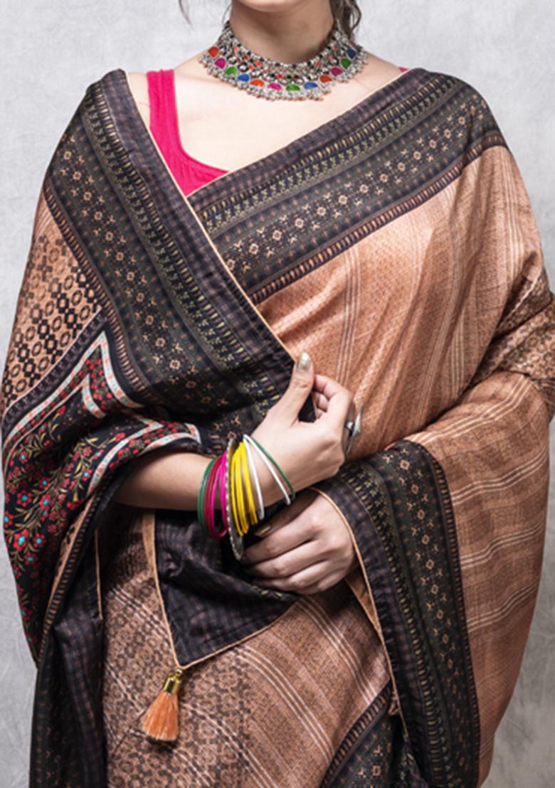 Multicolour Printed Dola Silk Blend Saree Set