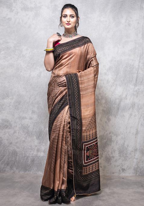 Multicolour Printed Dola Silk Blend Saree Set