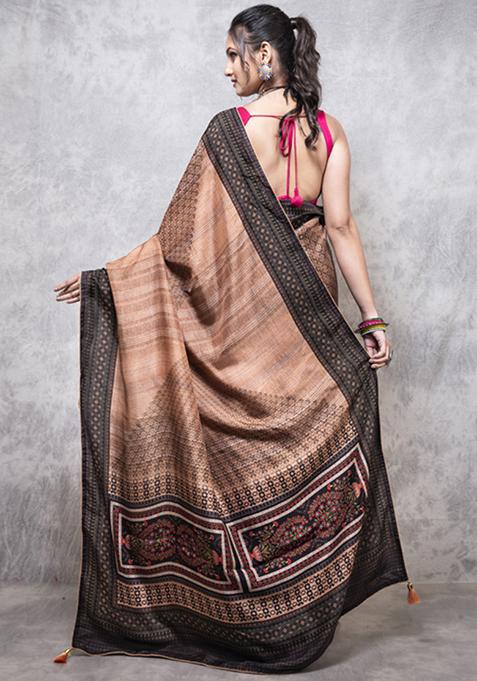 Multicolour Printed Dola Silk Blend Saree Set