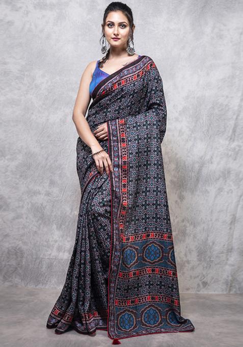 Multicolour Printed Dola Silk Saree Set