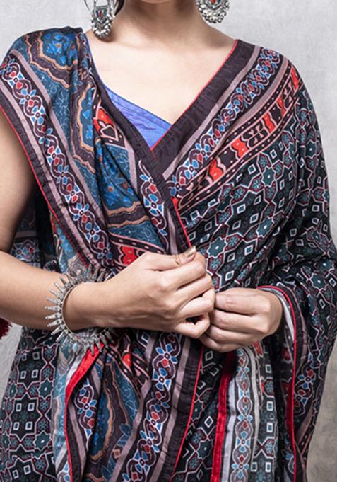 Multicolour Printed Dola Silk Saree Set