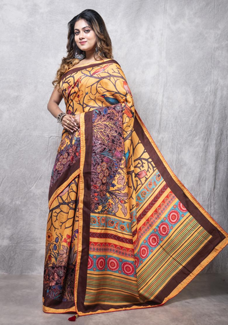 Multicolour Digital Print Dola Silk Blend Saree Set