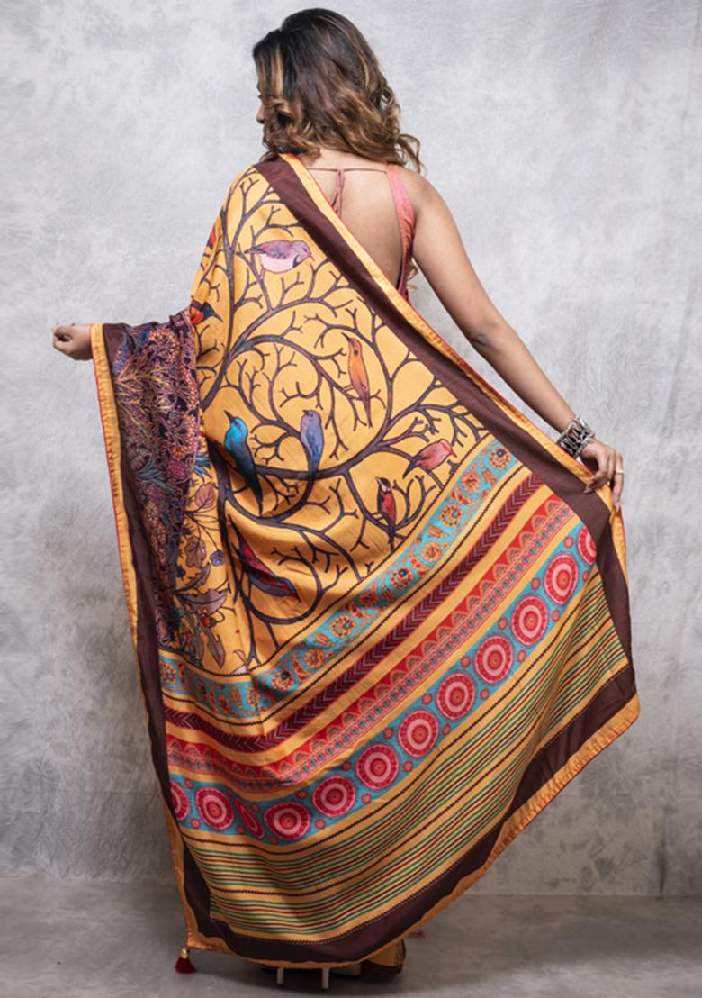 Multicolour Digital Print Dola Silk Blend Saree Set