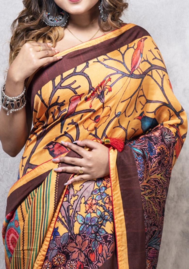 Multicolour Digital Print Dola Silk Blend Saree Set