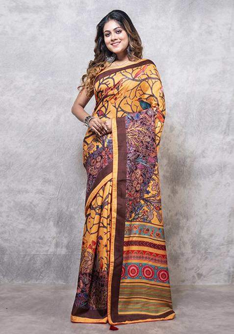 Multicolour Digital Print Dola Silk Blend Saree Set