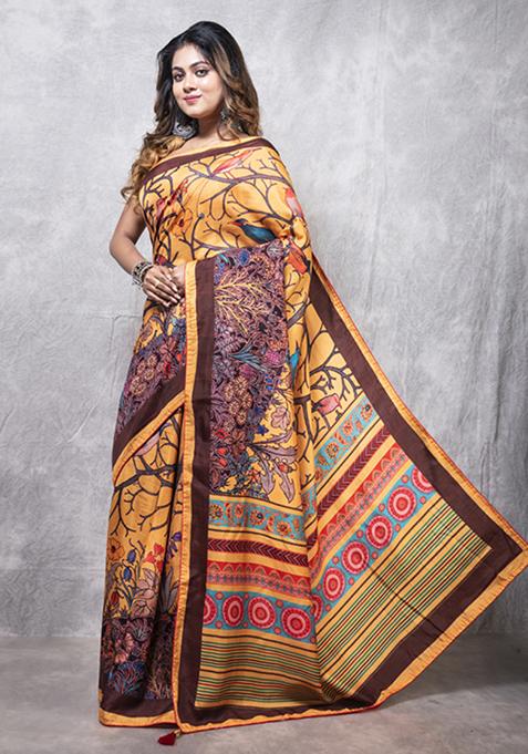 Multicolour Digital Print Dola Silk Blend Saree Set