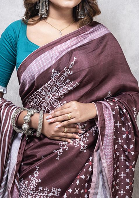 Multicolour Printed Pure Dola Silk Saree Set