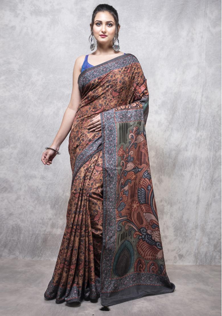 Multicolour Digital Print Dola Silk Blend Saree Set