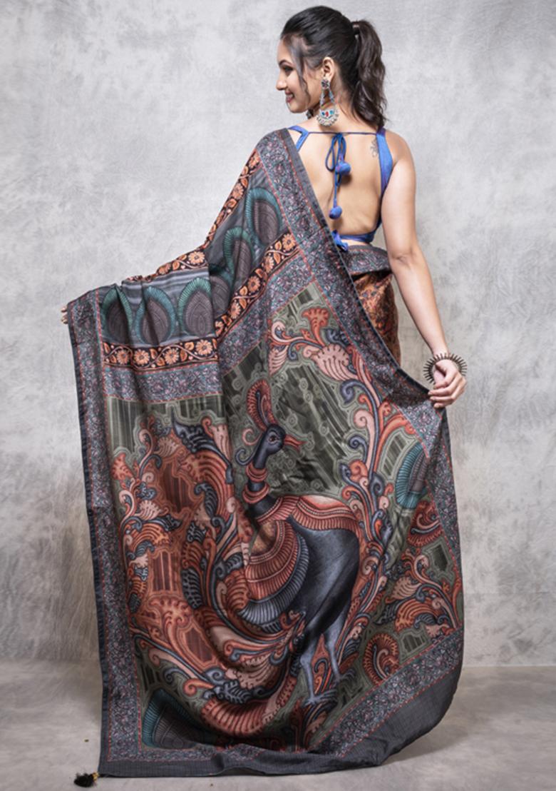 Multicolour Digital Print Dola Silk Blend Saree Set