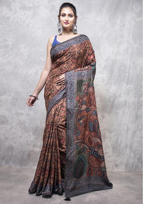 Multicolour Digital Print Dola Silk Blend Saree Set