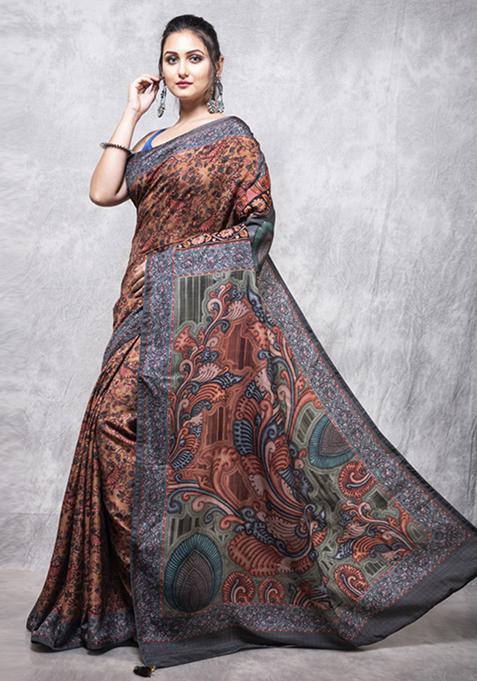 Multicolour Digital Print Dola Silk Blend Saree Set