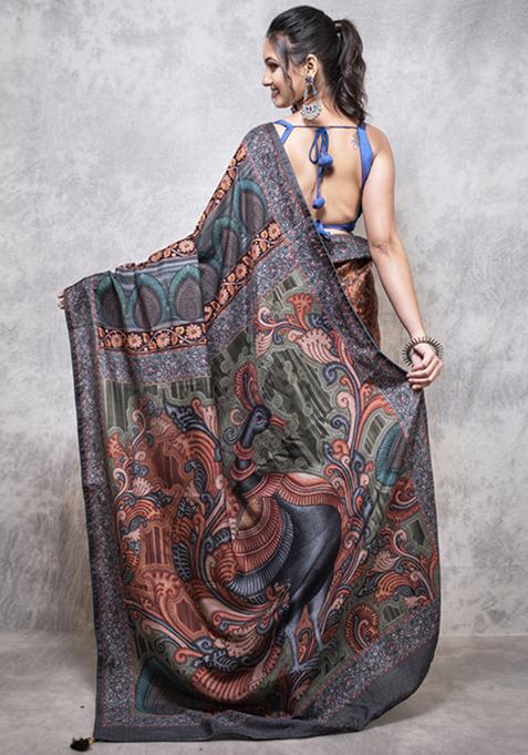 Multicolour Digital Print Dola Silk Blend Saree Set