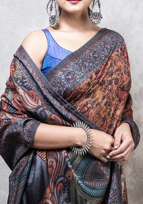 Multicolour Digital Print Dola Silk Blend Saree Set