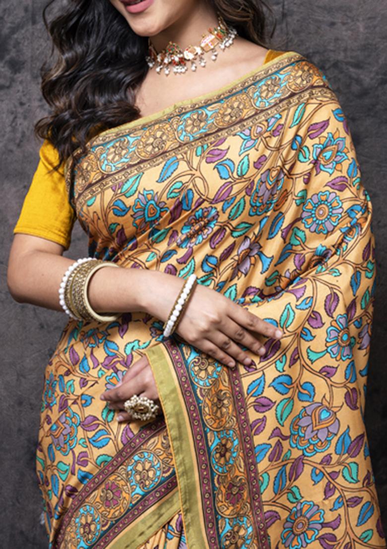 Multicolour Digital Print Dola Silk Blend Saree Set - Indya