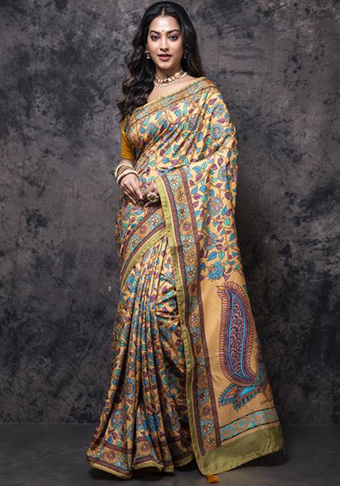 Multicolour Digital Print Dola Silk Blend Saree Set